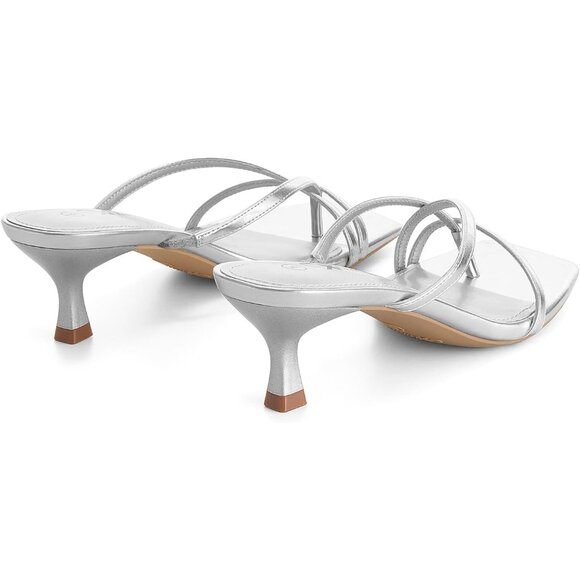 Athlefit Women's Silver Polyurethane Square Open Toe Kitten Heels Thong Sandals - Picture 5 of 6
